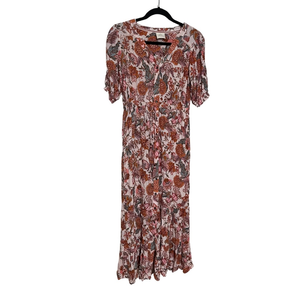 Floral Button Up Draw String Waist Tiered Maxi Dress